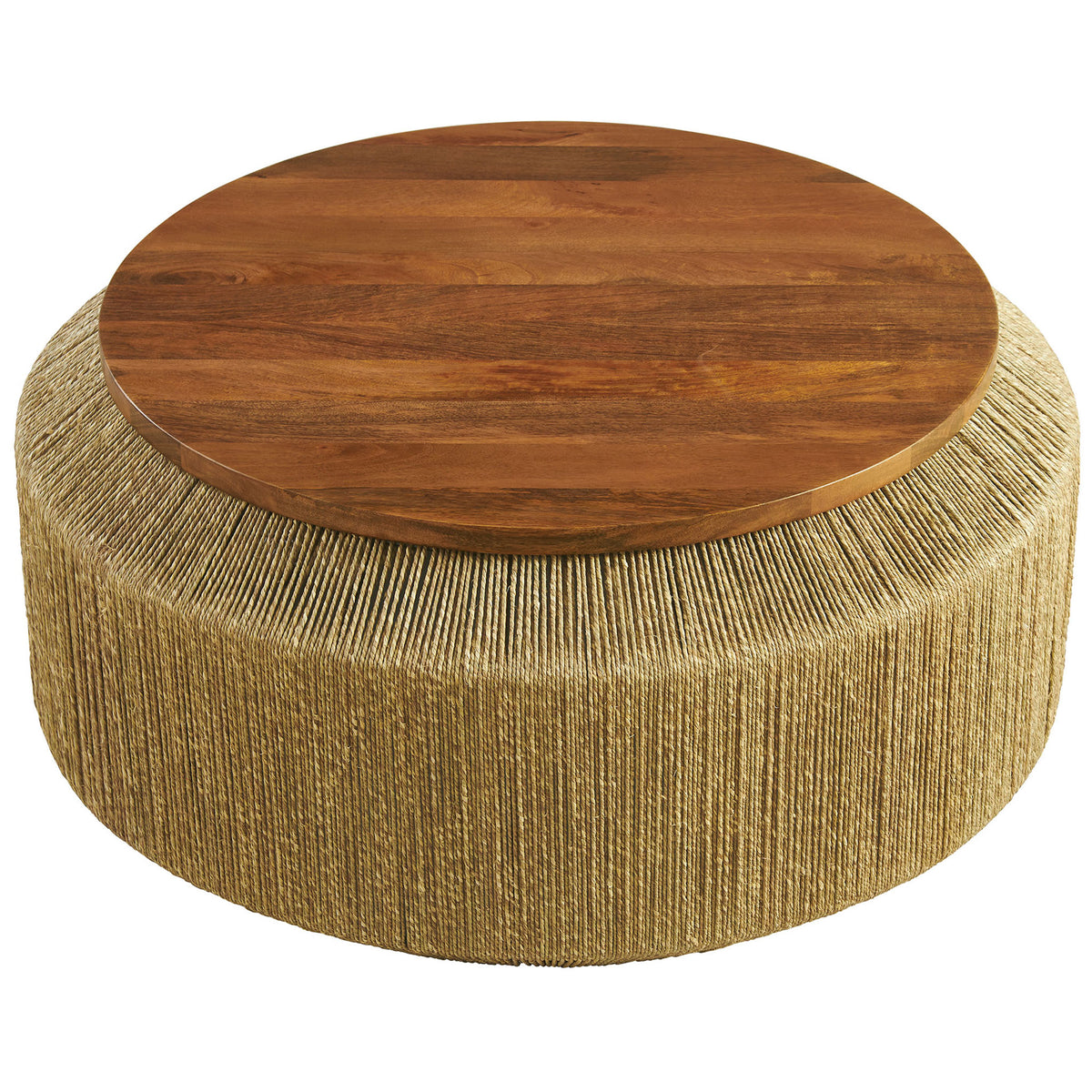 Smooth solid mango wood tabletop with rich grain over a woven seagrass base || EEI-7187-WAL-NAT || top_angle_studio