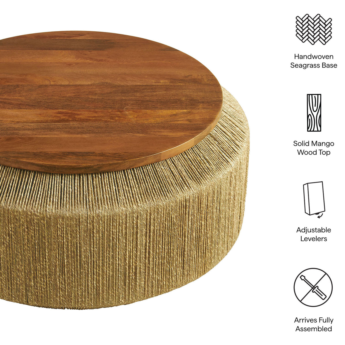 Coffee table with handwoven seagrass base, solid mango wood top, and adjustable levelers || EEI-7187-WAL-NAT || callout_studio