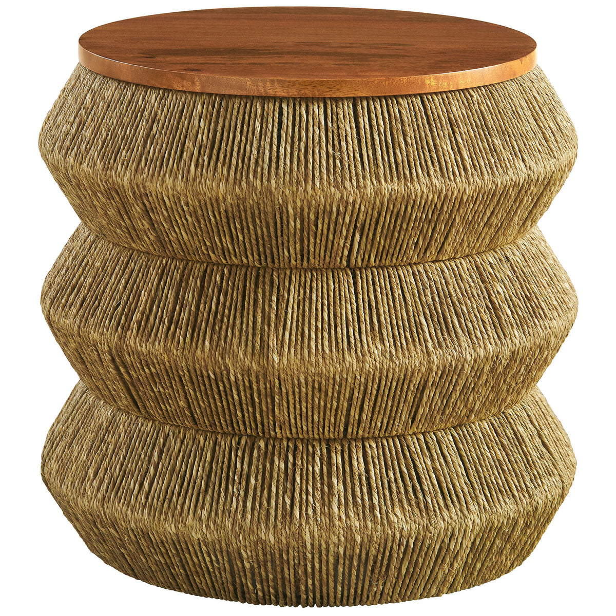 Round seagrass drum end table with smooth walnut wood top || EEI-7188-WAL-NAT || front_studio