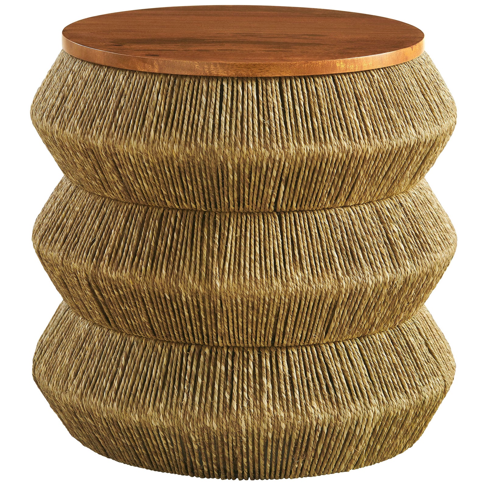 Round seagrass drum end table with smooth walnut wood top || EEI-7188-WAL-NAT || front_studio