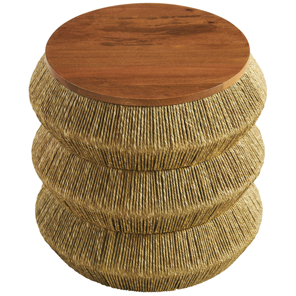 Top view of mango wood tabletop over sculpted seagrass base || EEI-7188-WAL-NAT || top_studio