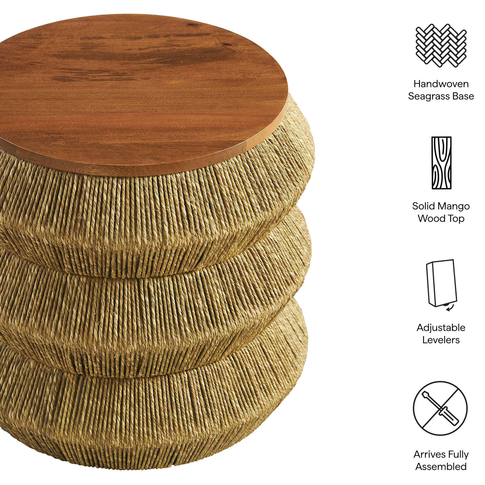 Feature highlights of seagrass base, mango wood top, and adjustable levelers || EEI-7188-WAL-NAT || callout_studio