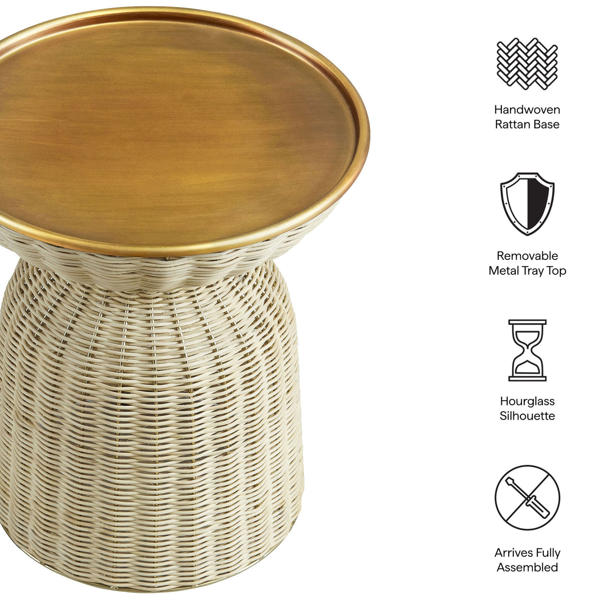 Handwoven rattan base, removable metal tray top, hourglass silhouette, and fully assembled convenience emphasized. || EEI-7189-BBR-NAT || callout_studio
