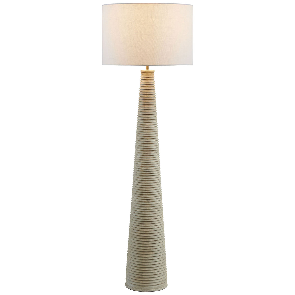 Ribbed wood floor lamp with white drum shade casting a warm, inviting glow || EEI-7190-WHI-GRY || front_on_studio