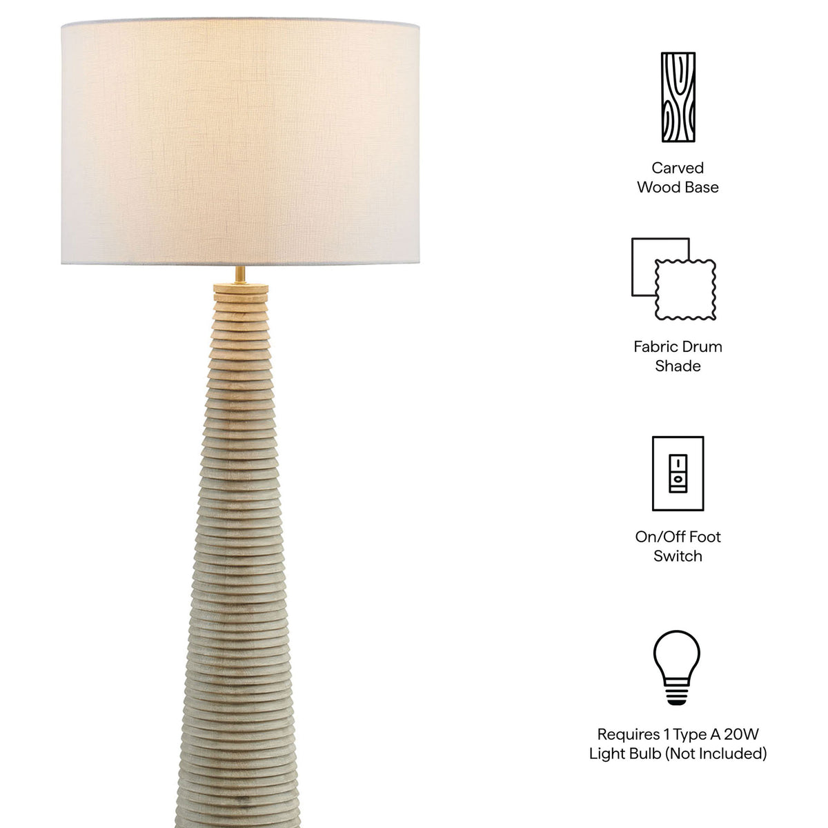 Key features of the Saylor ribbed wood floor lamp with white drum shade || EEI-7190-WHI-GRY || callout_studio