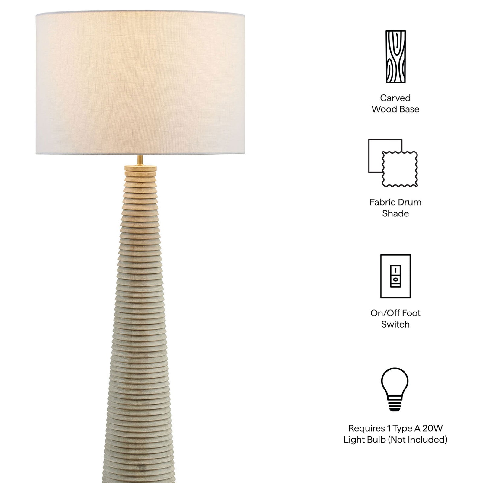Key features of the Saylor ribbed wood floor lamp with white drum shade || EEI-7190-WHI-GRY || callout_studio