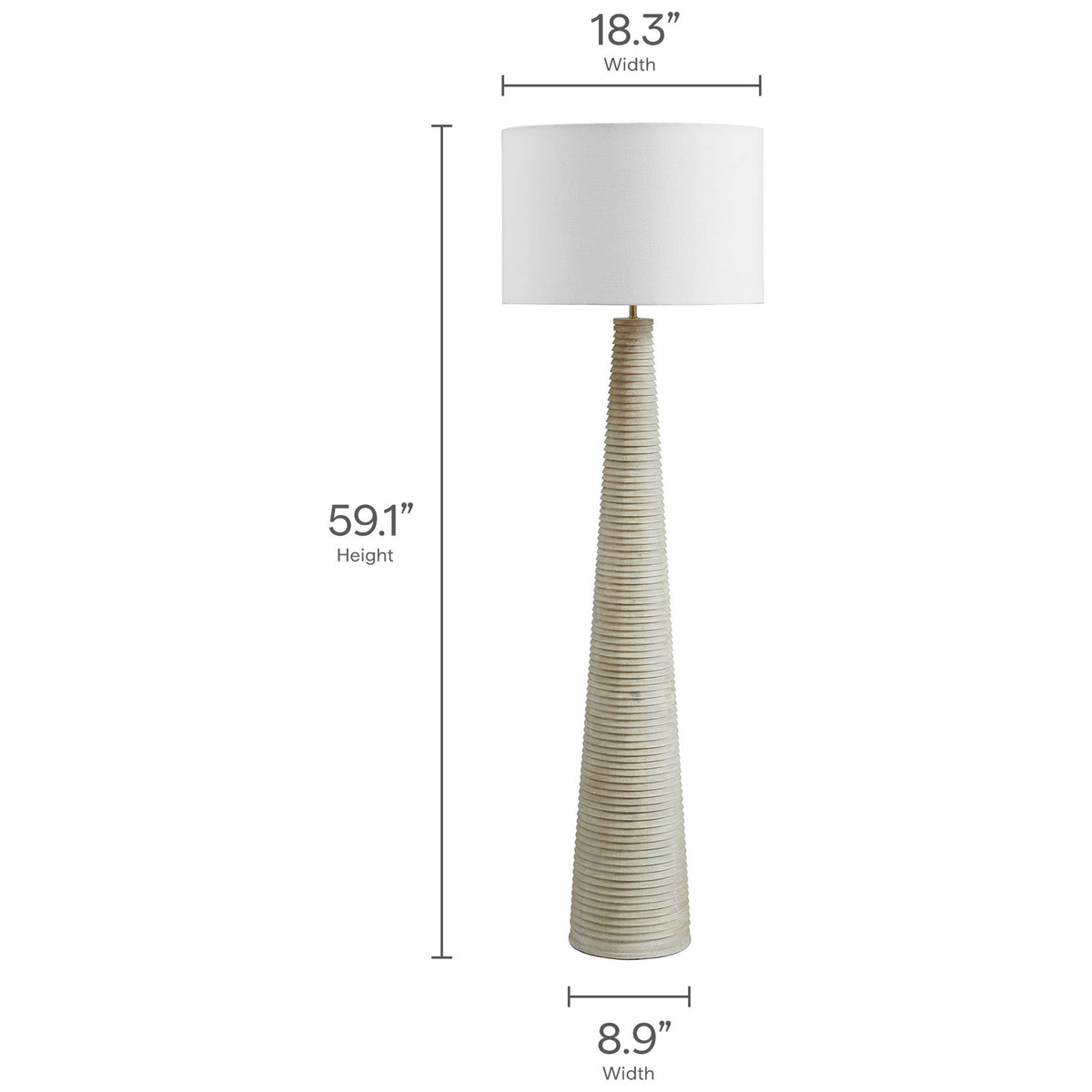 Dimensions of the Saylor ribbed wood floor lamp with fabric drum shade || EEI-7190-WHI-GRY || dimension_studio