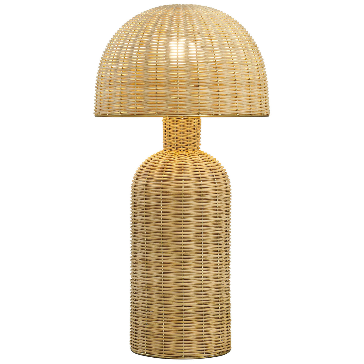 Warmly glowing Briar rattan table lamp with dome shade and rounded woven base || EEI-7191-NAT || front_on_studio