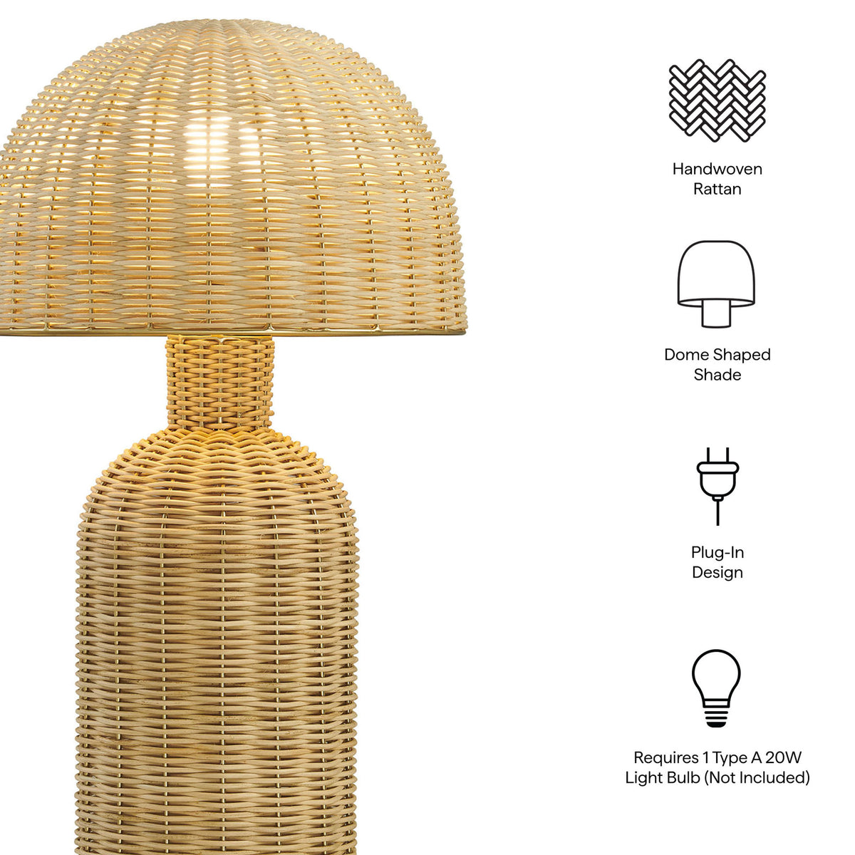 Briar rattan table lamp with icons highlighting handwoven shade and plug-in design || EEI-7191-NAT || callout_studio