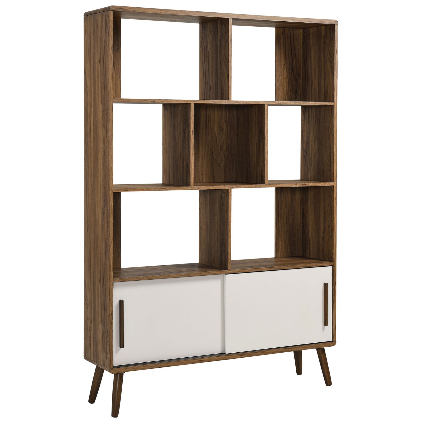 Mid-century bookcase in walnut wood grain with open display shelves and white sliding doors on tapered legs. || EEI-7193-WAL-LIN || front_angle_studio