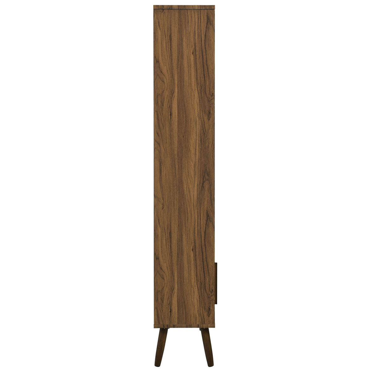 Slim silhouette highlights the narrow depth and walnut wood grain, anchored by splayed dowel legs. || EEI-7193-WAL-LIN || side_studio