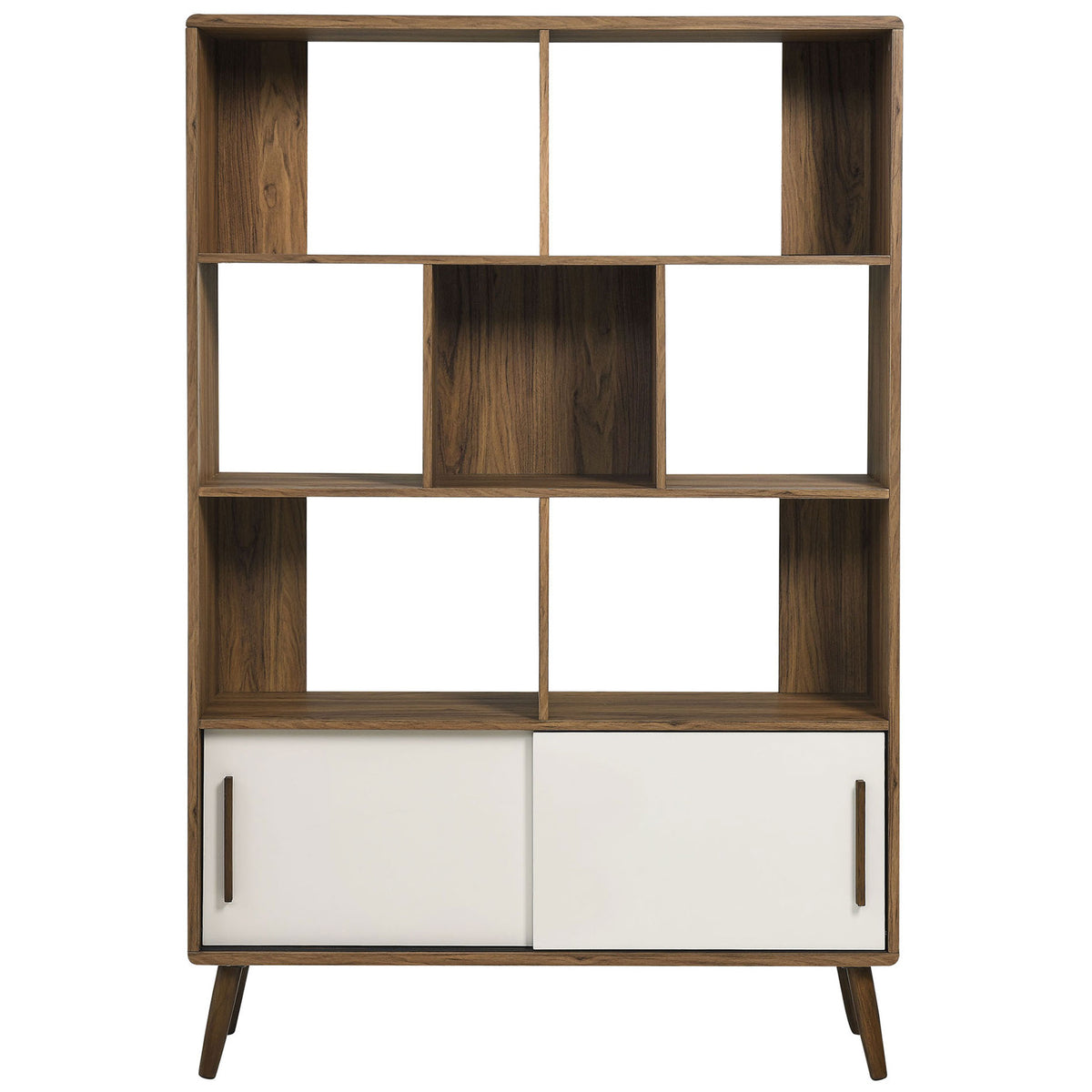 Open display shelves frame a central cubby above concealed storage with smooth white sliding doors. || EEI-7193-WAL-LIN || front_studio
