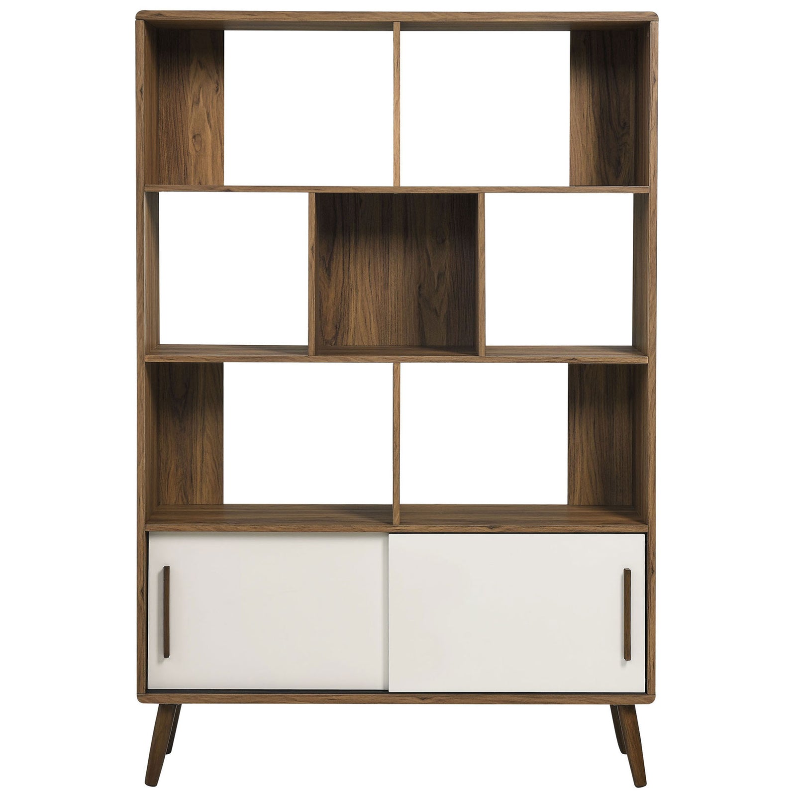 Open display shelves frame a central cubby above concealed storage with smooth white sliding doors. || EEI-7193-WAL-LIN || front_studio