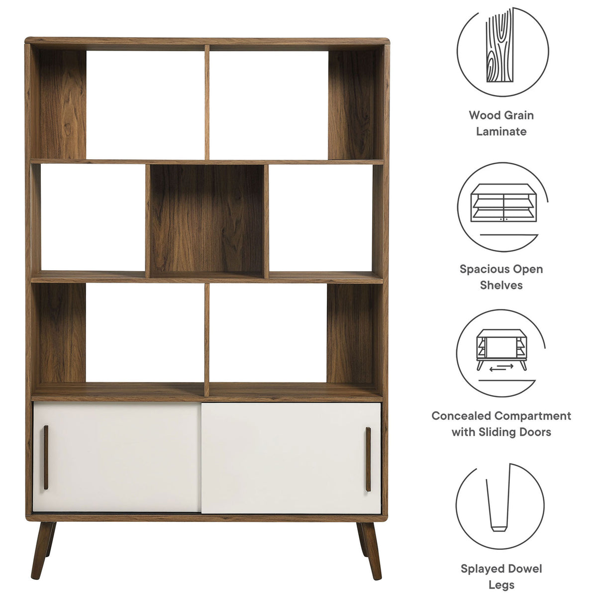 Feature highlights include wood grain laminate, open shelves, concealed storage, and splayed dowel legs. || EEI-7193-WAL-LIN || callout_studio