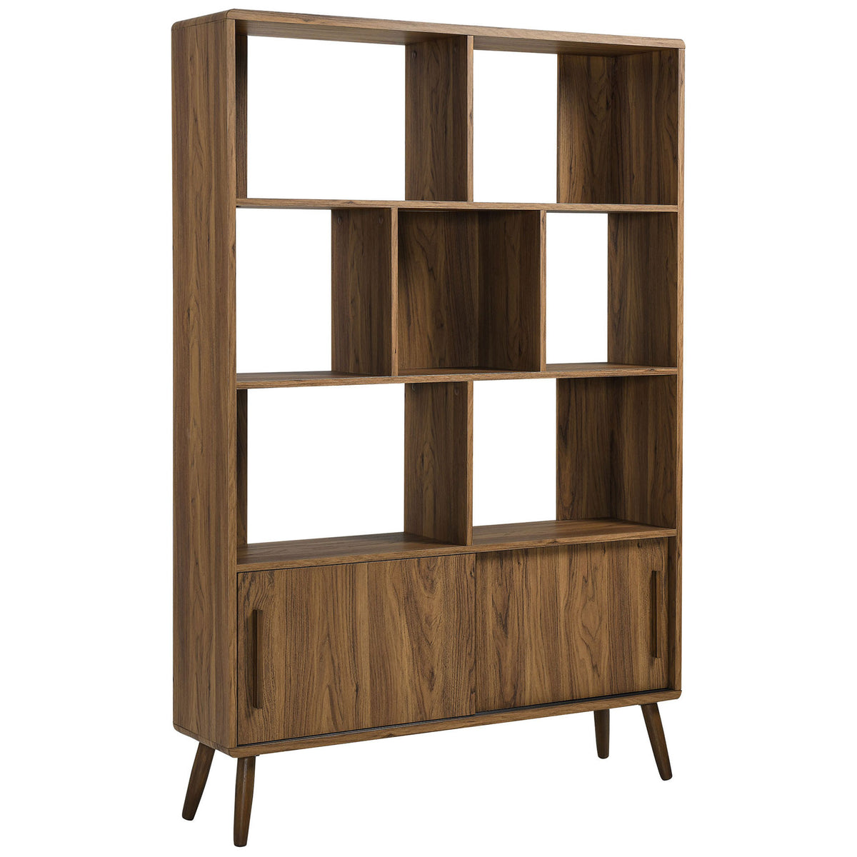 Mid-century walnut bookcase with seven open shelves and sliding-door storage on splayed legs || EEI-7193-WAL || front_angle_studio