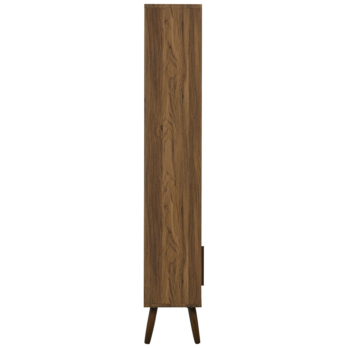 Slim-profile walnut bookcase highlighting narrow depth and wood grain side panels || EEI-7193-WAL || side_studio