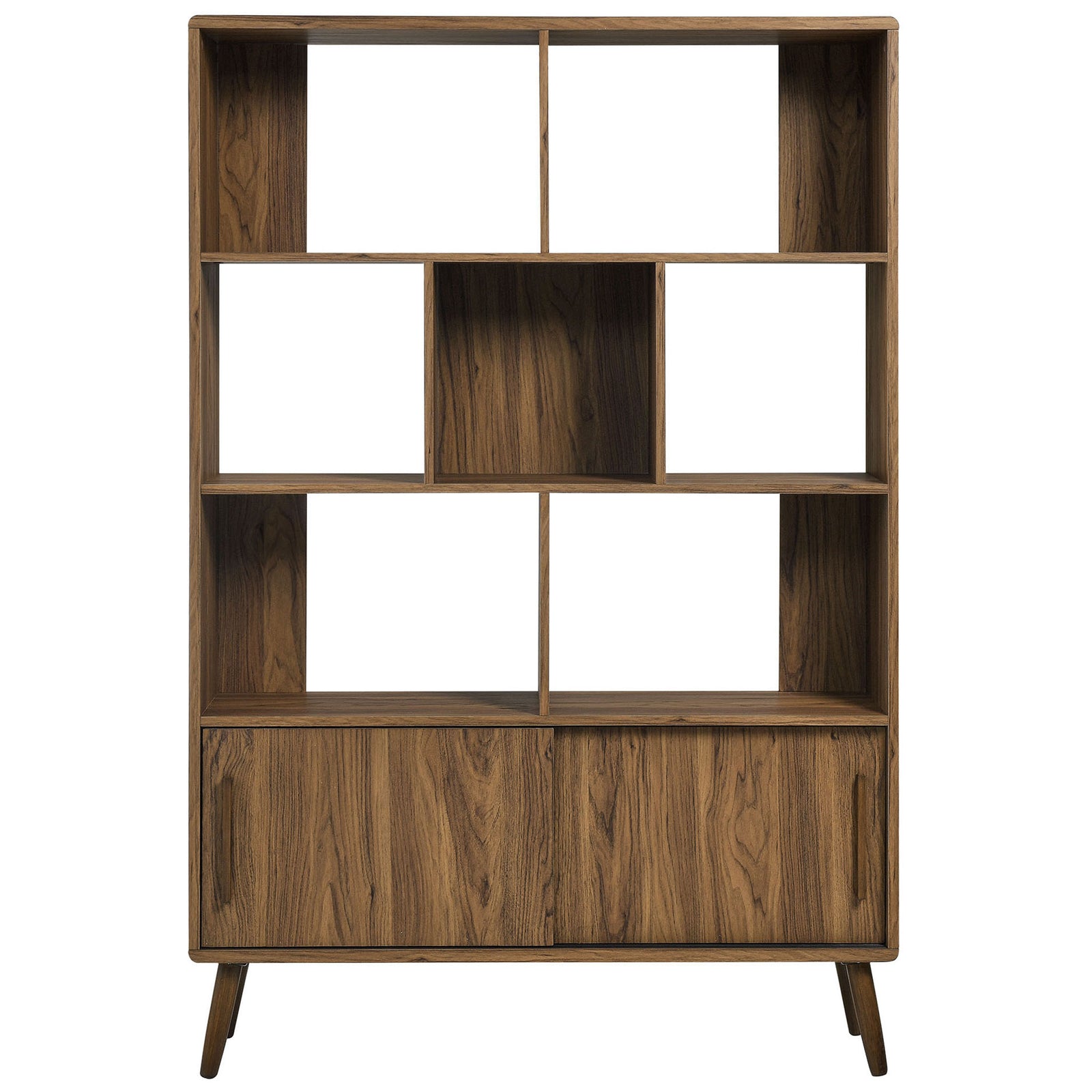 Symmetrical open shelving with concealed bottom storage in a warm walnut finish || EEI-7193-WAL || front_studio