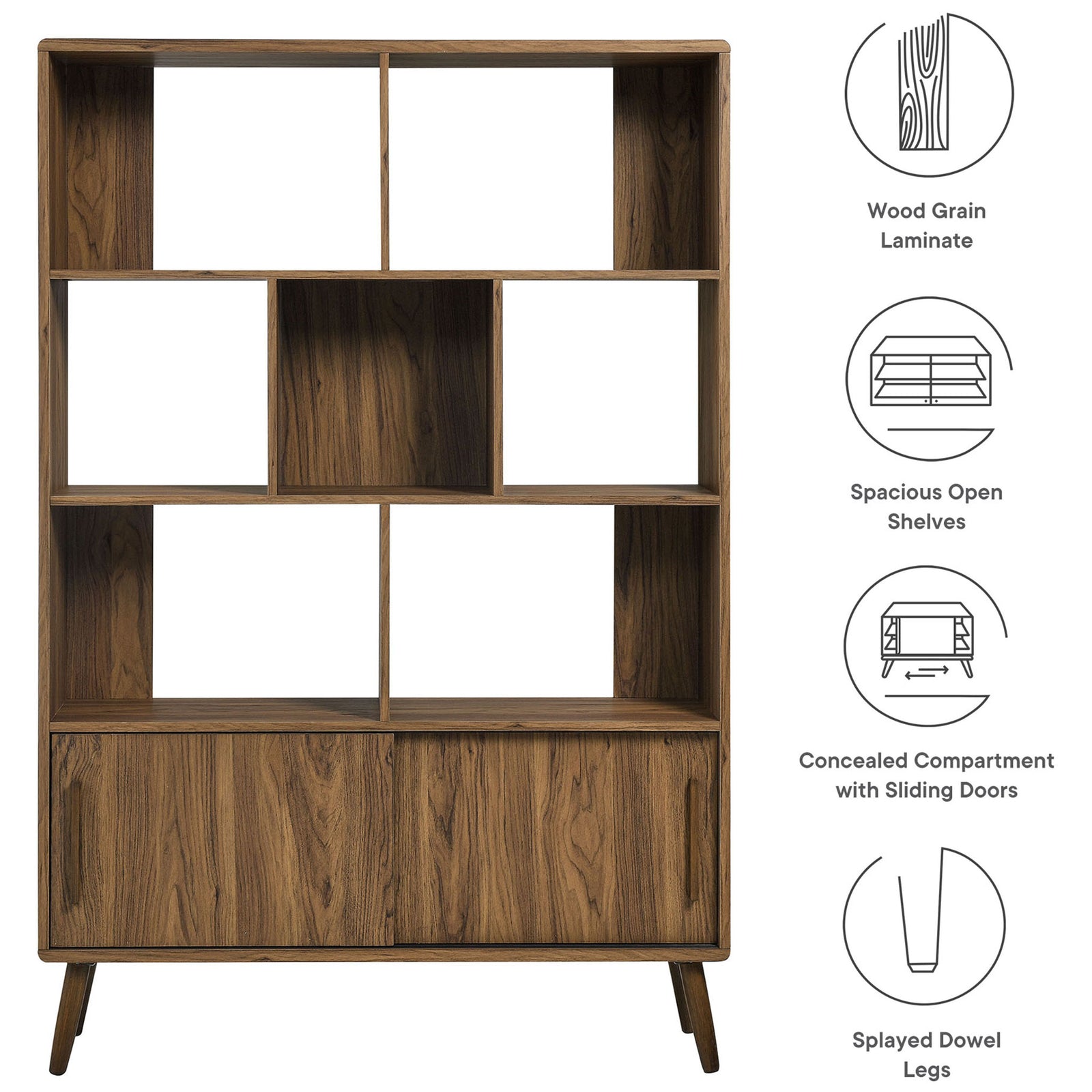 Key features: wood grain laminate, open shelves, concealed sliding-door compartment, splayed legs || EEI-7193-WAL || callout_studio