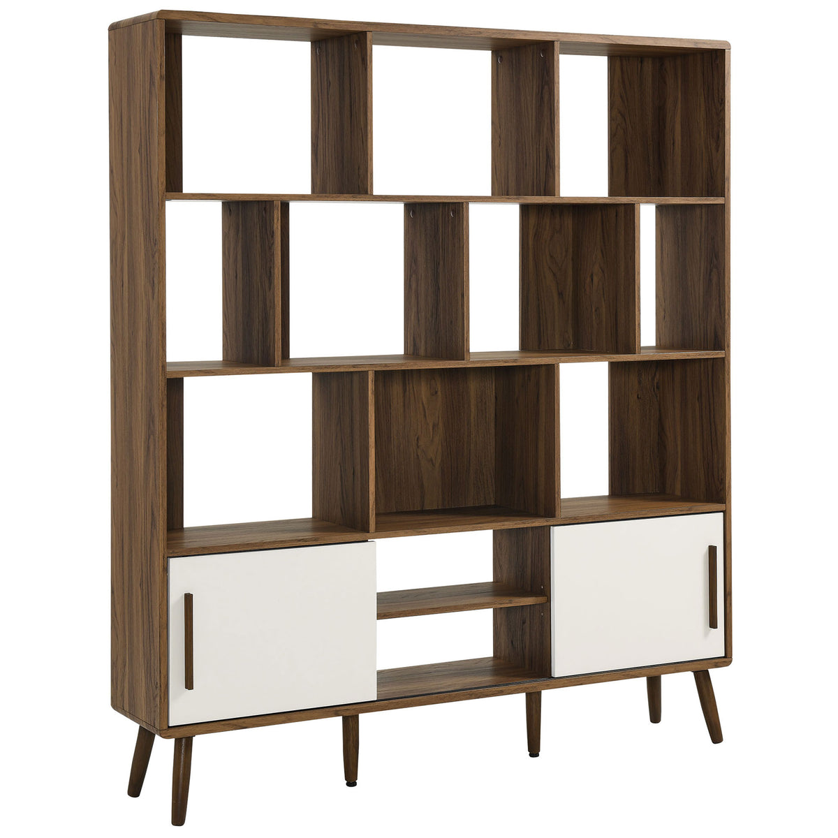 Walnut wood grain and crisp white doors lend modern warmth to this roomy bookcase with varied open shelves || EEI-7194-WAL-LIN || front_angle_studio
