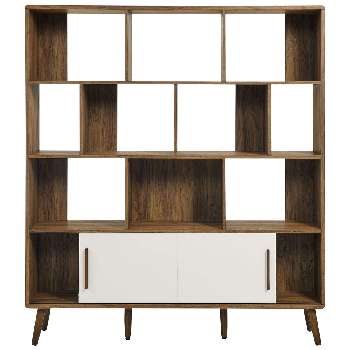 Walnut bookcase with sliding white doors revealing spacious side cabinets and versatile display storage || EEI-7194-WAL-LIN || front_open_studio