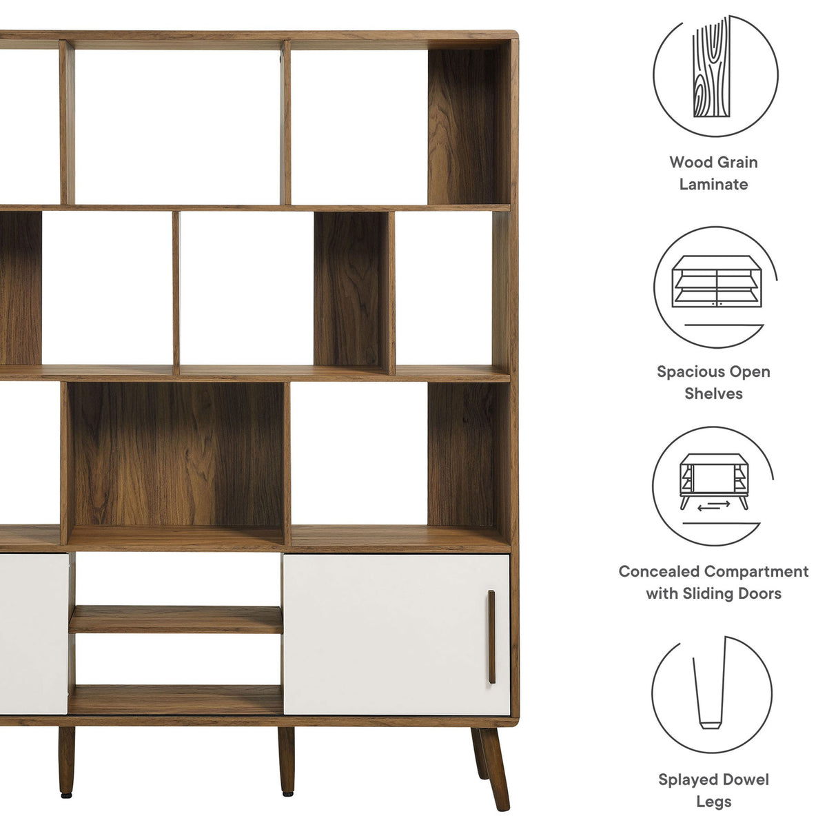 Wood grain laminate, open shelves, sliding doors, and splayed legs deliver everyday style and function || EEI-7194-WAL-LIN || callout_studio