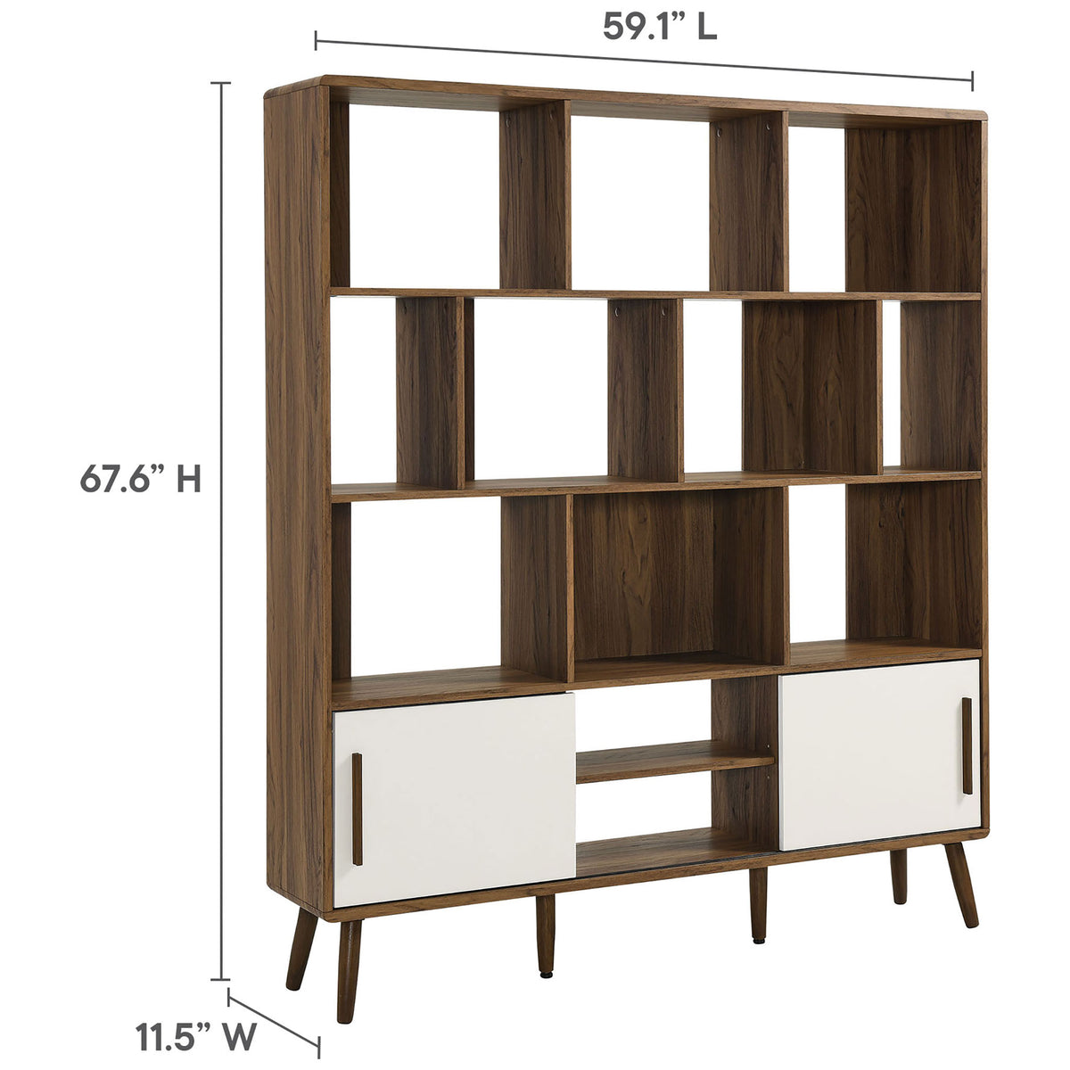 Generous 59-inch walnut bookcase with ample cubbies and concealed storage for books and decor || EEI-7194-WAL-LIN || dimension_studio