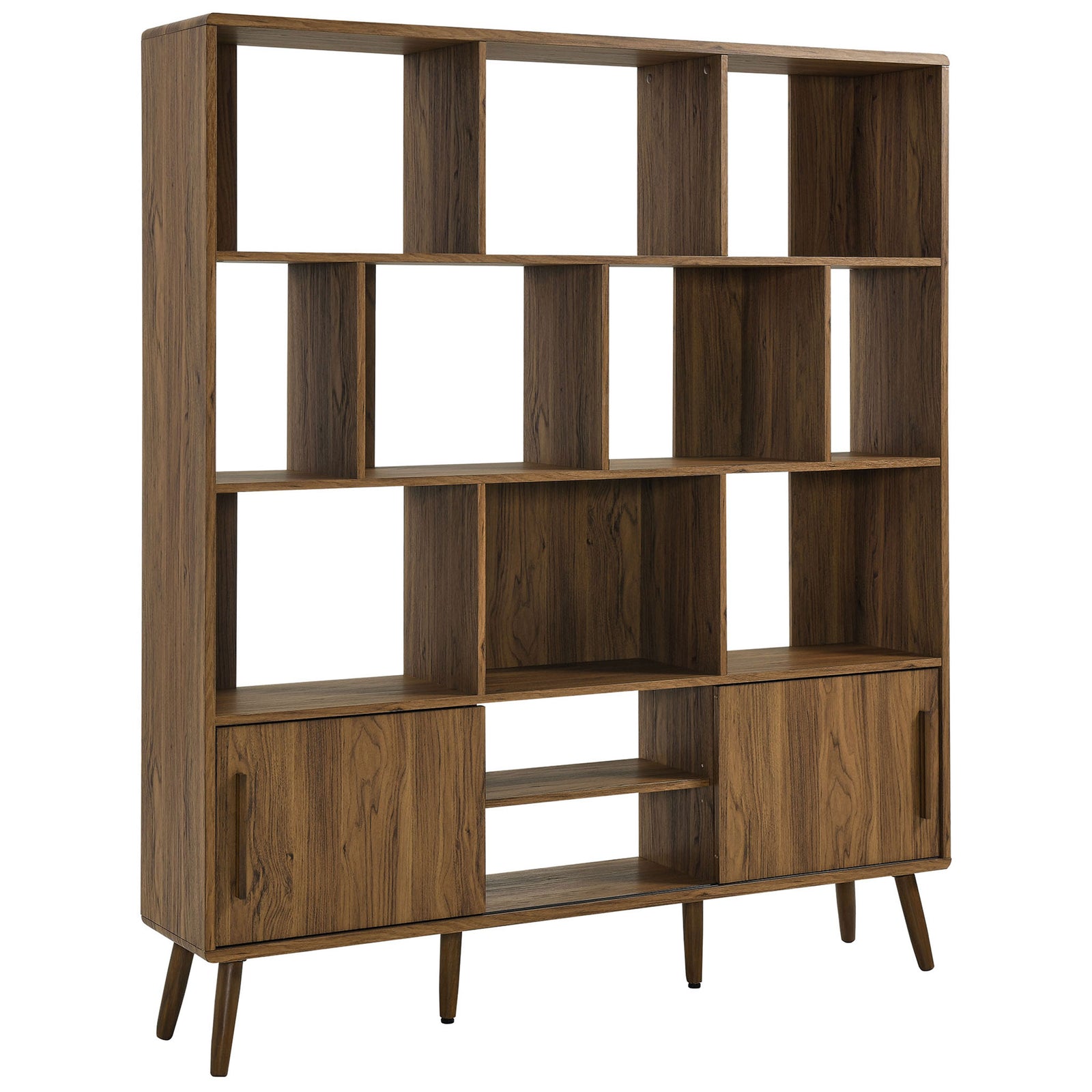 Mid-century silhouette on splayed legs with spacious display shelves and concealed storage || EEI-7194-WAL || front_angle_studio