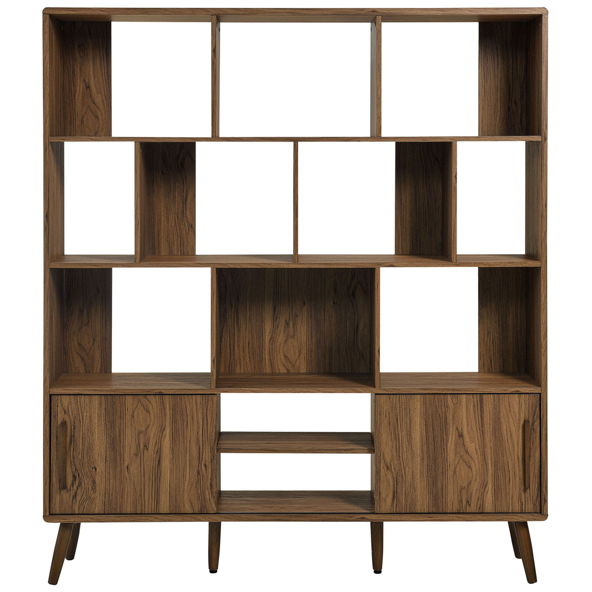 Crisp walnut bookcase with ten open cubbies and lower sliding door storage || EEI-7194-WAL || front_studio