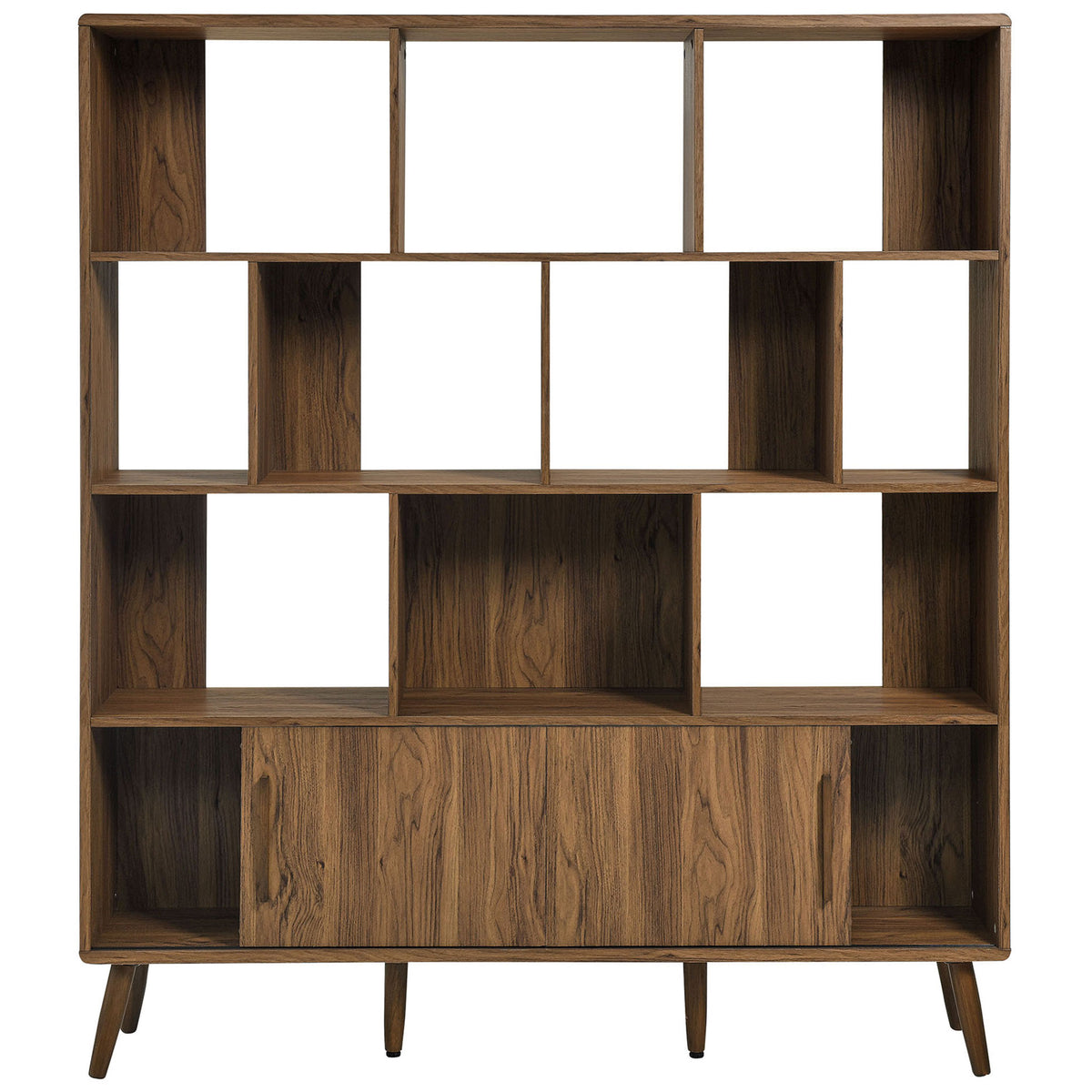 Versatile sliding doors conceal lower shelves to keep clutter out of sight || EEI-7194-WAL || front_open_studio