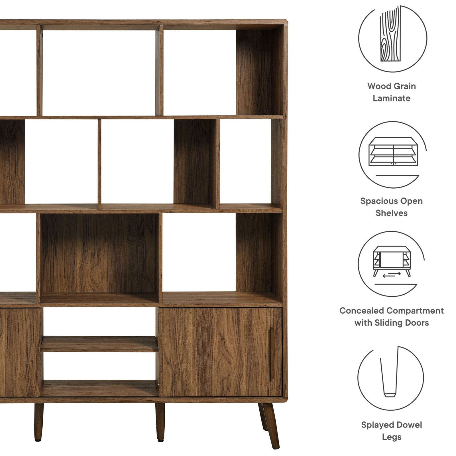 Key features include wood grain laminate, open shelves, sliding doors, and splayed legs || EEI-7194-WAL || callout_studio