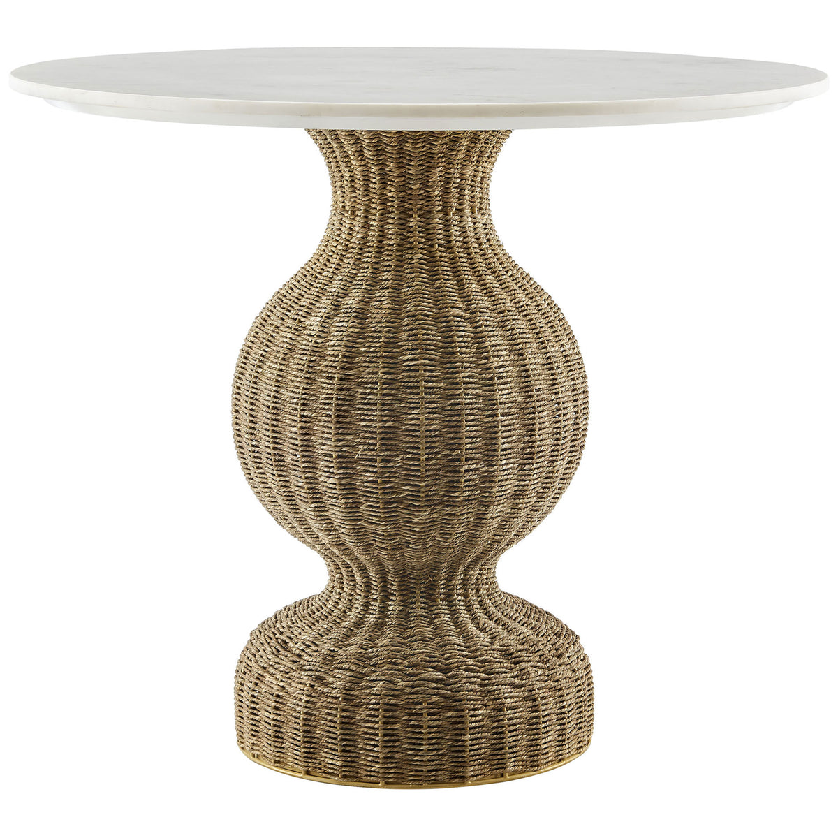 Round marble dining table with sculptural handwoven seagrass pedestal and warm coastal character || EEI-7195-WHI-NAT || front_studio