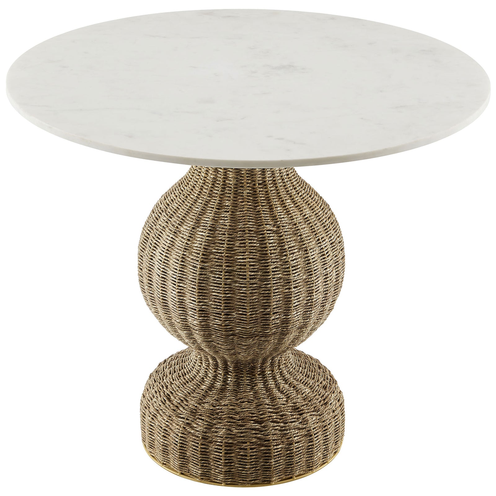 Spacious round white marble tabletop with subtle veining atop a woven seagrass pedestal base || EEI-7195-WHI-NAT || top_studio
