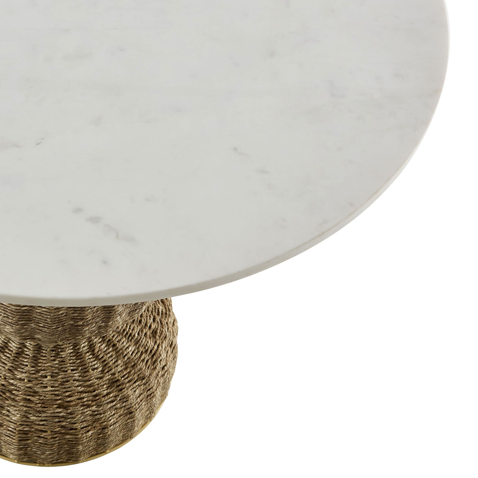 Smooth beveled marble tabletop edge showcasing the refined craftsmanship and natural stone variation || EEI-7195-WHI-NAT || detail_studio
