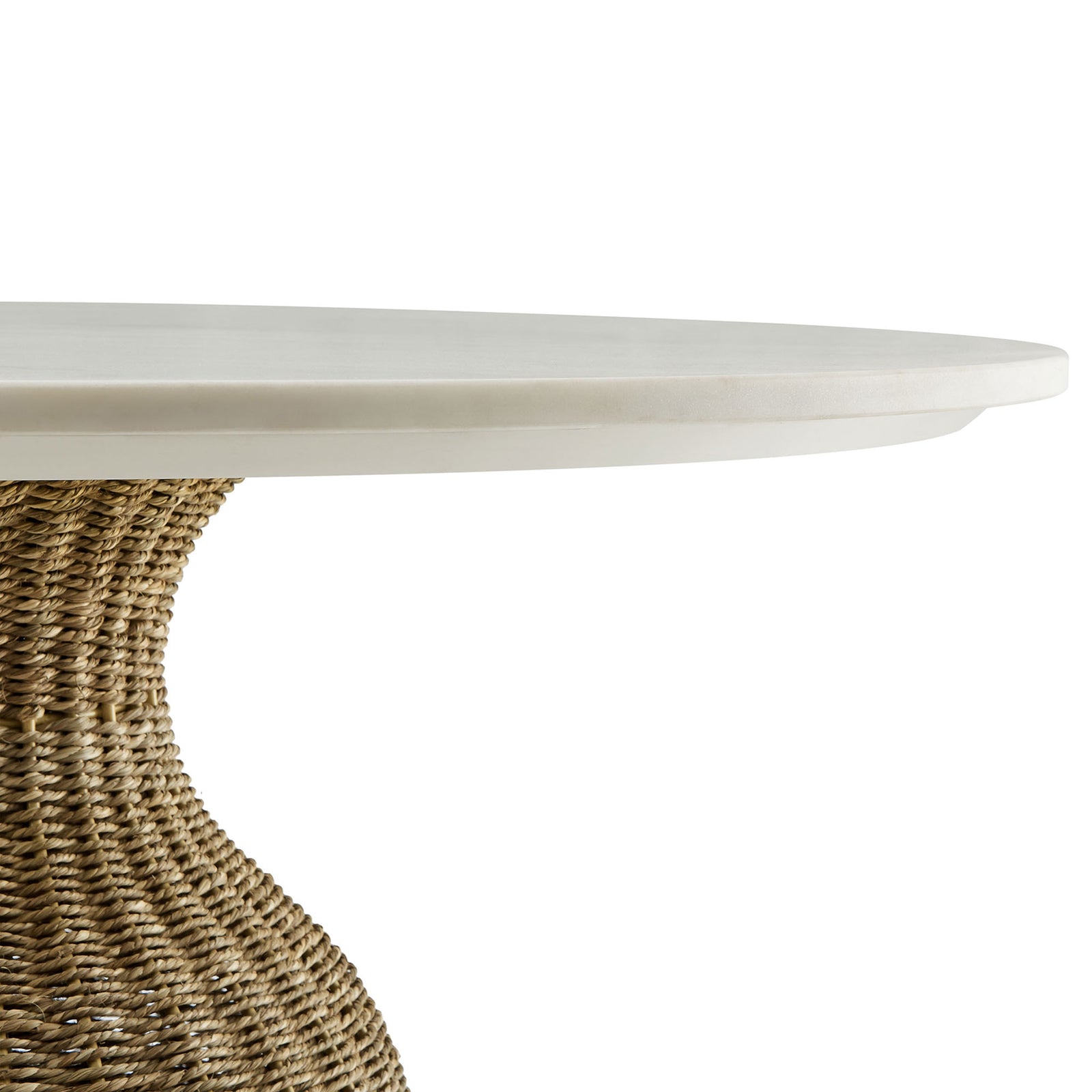 Slim marble top paired with natural seagrass pedestal creates an airy high-contrast coastal centerpiece || EEI-7195-WHI-NAT || detail_studio