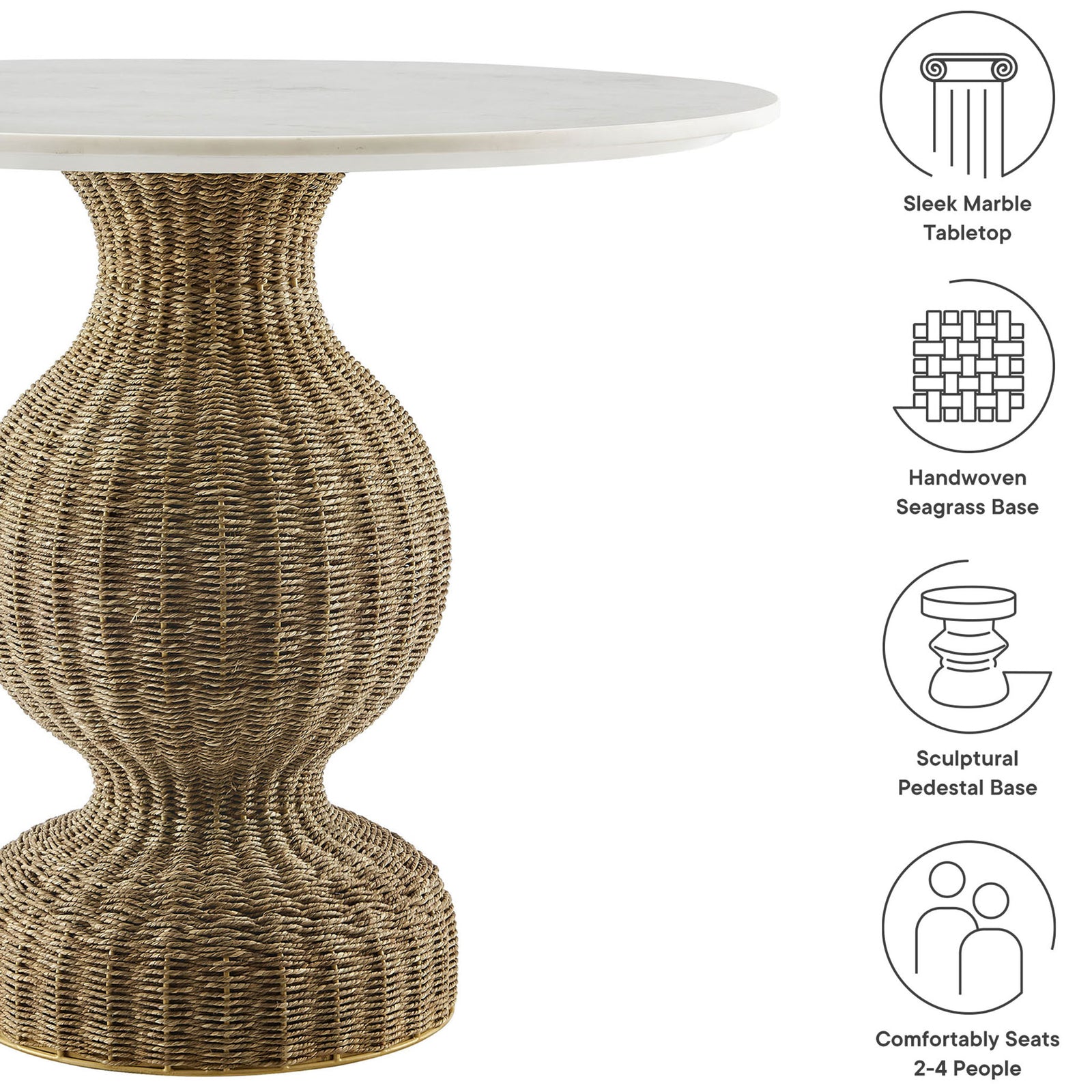 Key features of the marble and seagrass dining table highlighted with icons for easy at-a-glance details || EEI-7195-WHI-NAT || callout_studio