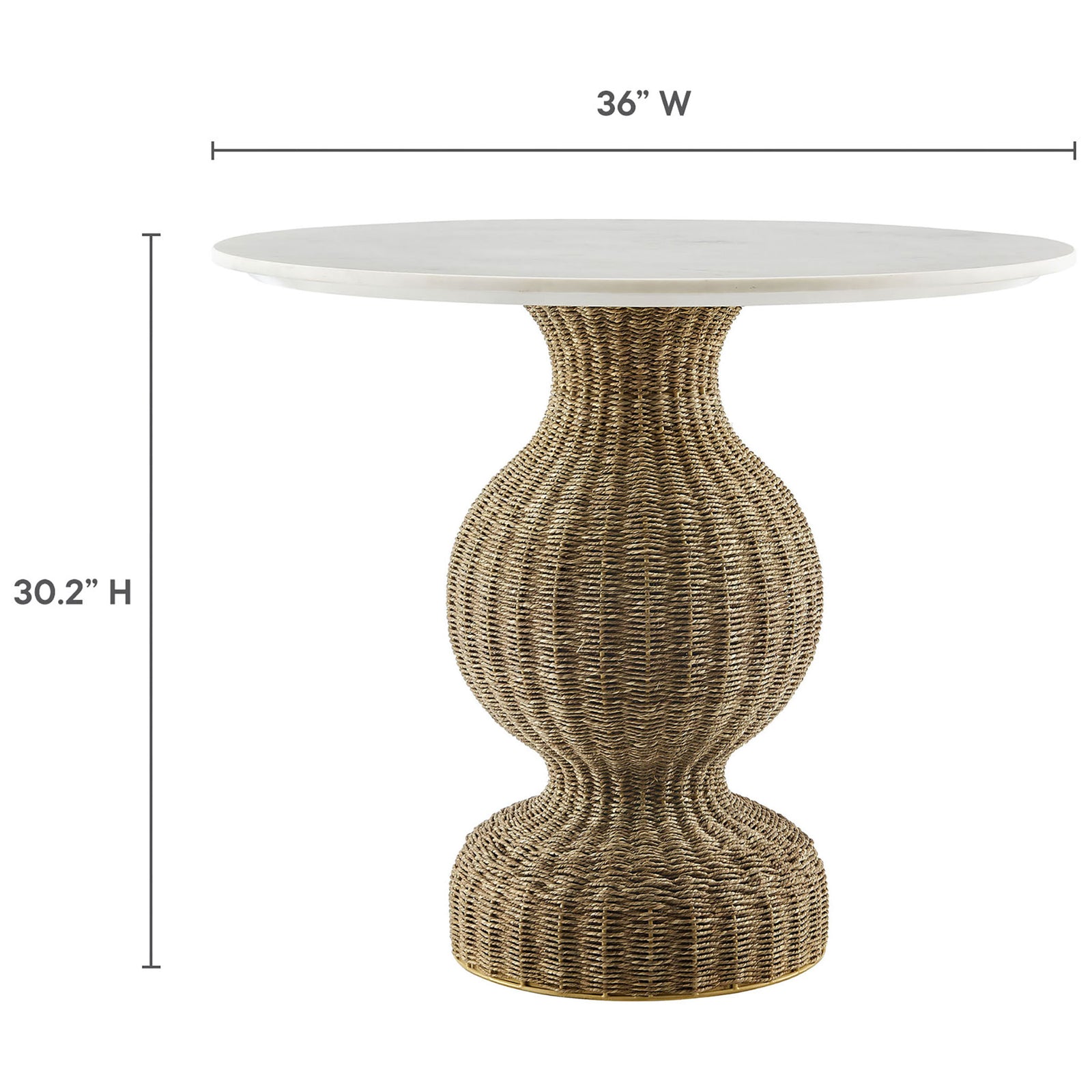 Overall dimensions of the round marble and seagrass pedestal dining table shown for quick size reference || EEI-7195-WHI-NAT || dimension_studio