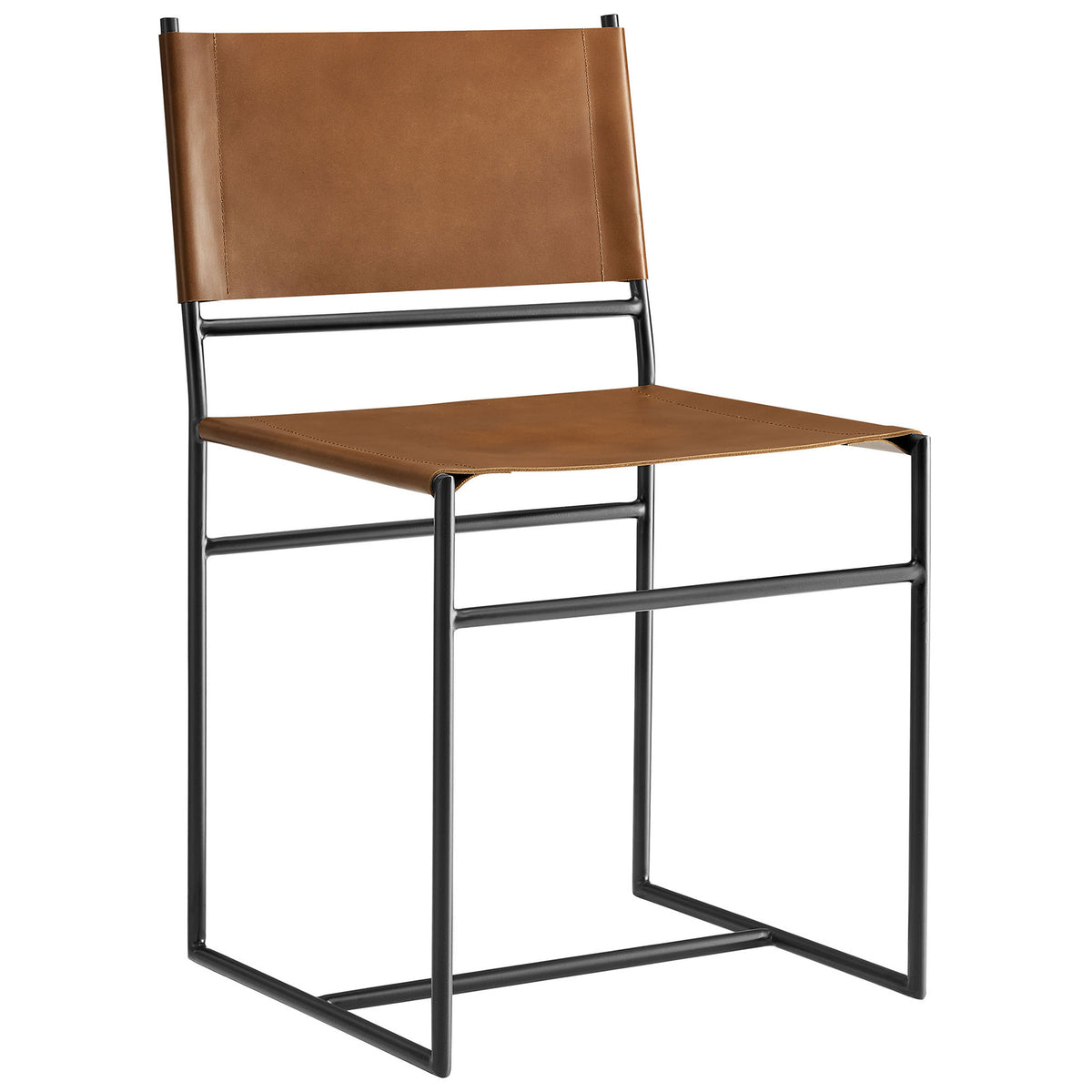 Tan leather sling dining chair with slim black metal sled base and clean modern silhouette || EEI-7196-TAN || front_angle_studio