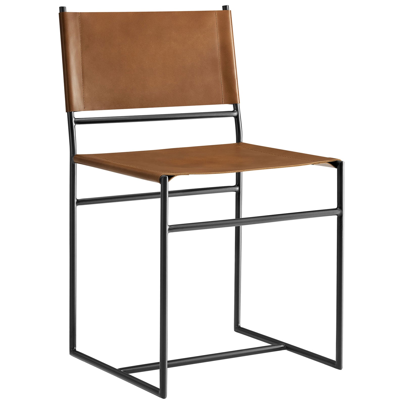 Tan leather sling dining chair with slim black metal sled base and clean modern silhouette || EEI-7196-TAN || front_angle_studio