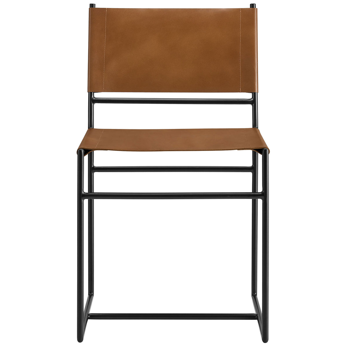 Structured tan leather seat and backrest on a balanced black sled frame for contemporary dining || EEI-7196-TAN || front_studio