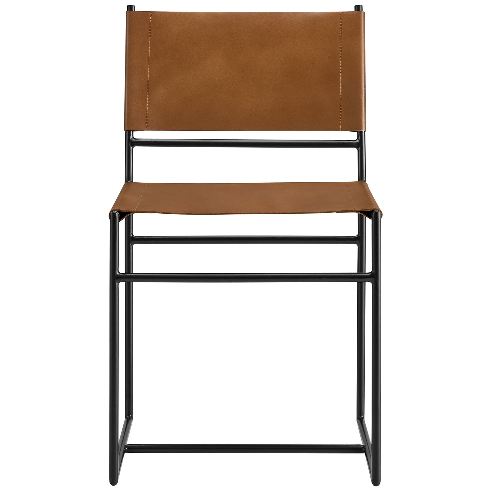 Structured tan leather seat and backrest on a balanced black sled frame for contemporary dining || EEI-7196-TAN || front_studio