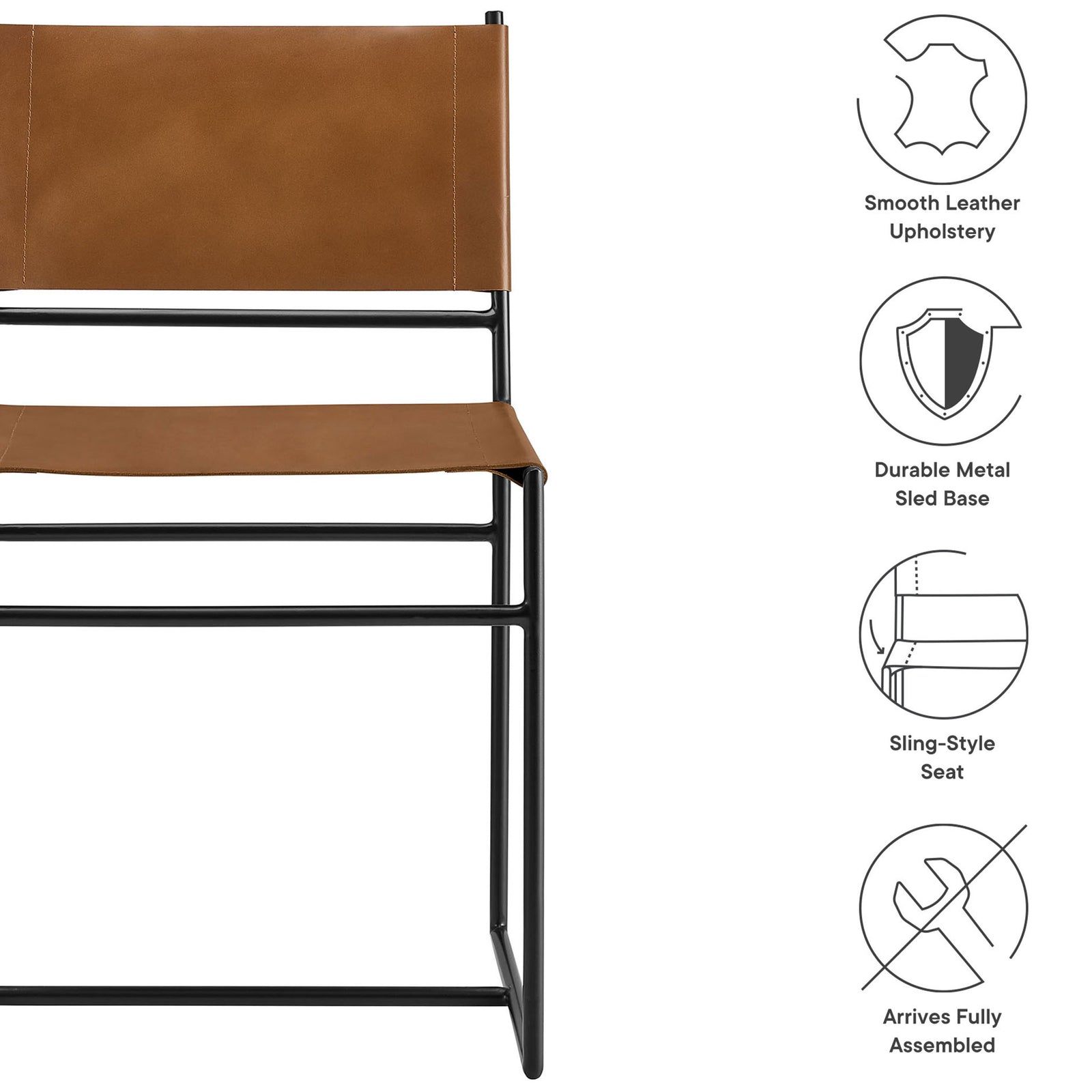 Thatcher tan leather dining chair with icons for smooth upholstery, metal sled base, sling seat, and assembly || EEI-7196-TAN || callout_studio