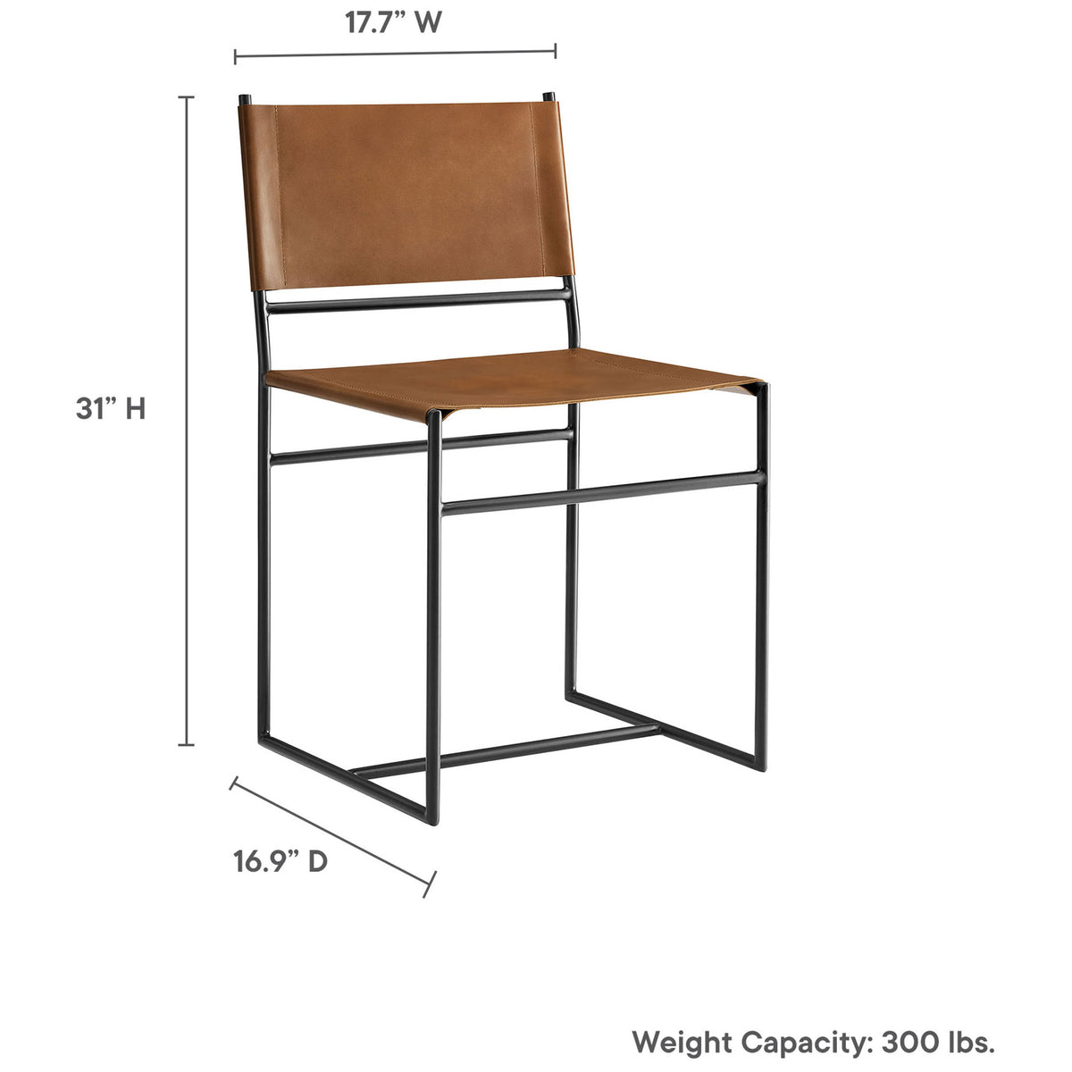 Size guide for the Thatcher tan leather dining chair showing width, depth, height, and 300 pound capacity || EEI-7196-TAN || dimension_studio