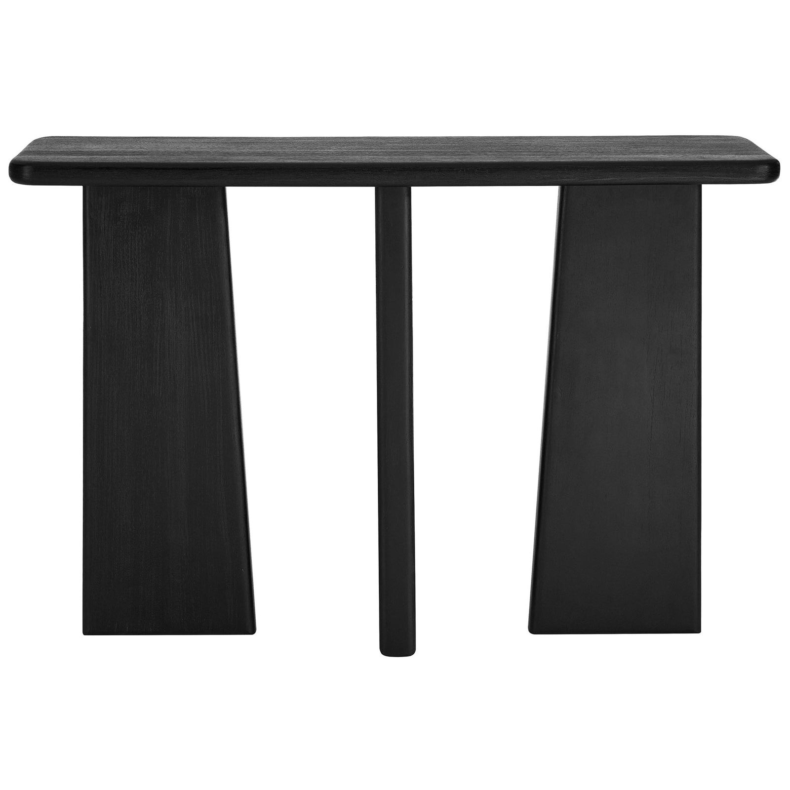 Black console with distinctive three-leg silhouette and a smooth wire-brushed finish || EEI-7197-BLK || front_studio