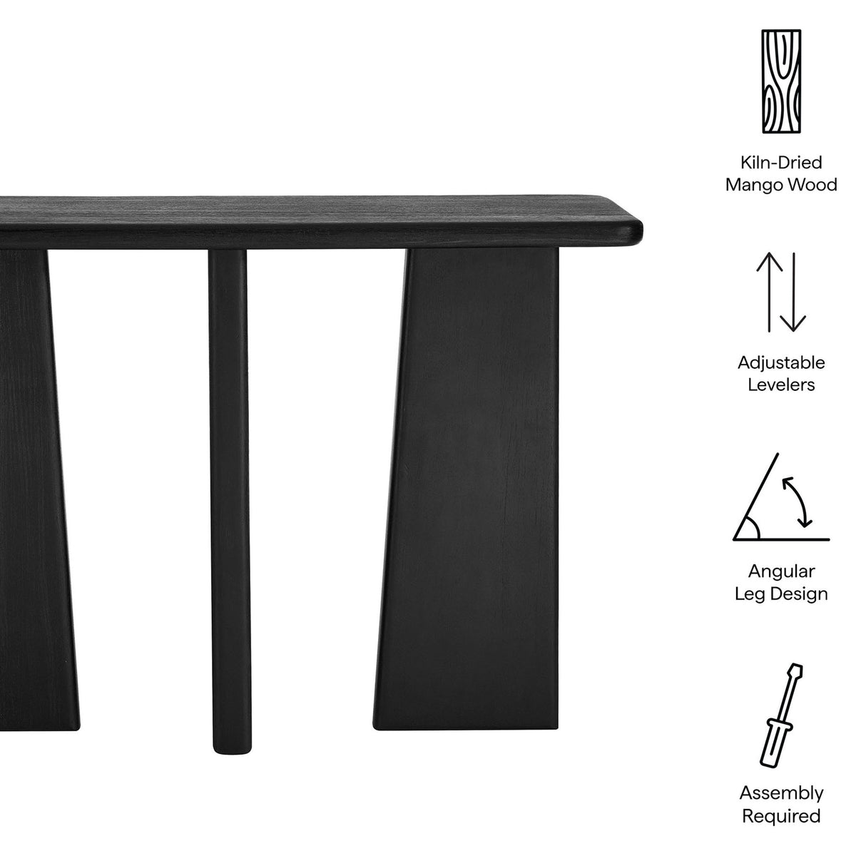 Key features include kiln-dried mango wood, angular legs, and adjustable levelers || EEI-7197-BLK || callout_studio