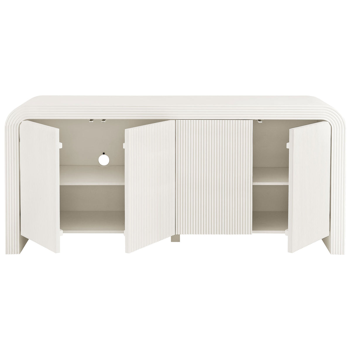 Interior shelving and cable management openings inside the white Waterflute sideboard cabinet || EEI-7198-IVO || front_open_studio
