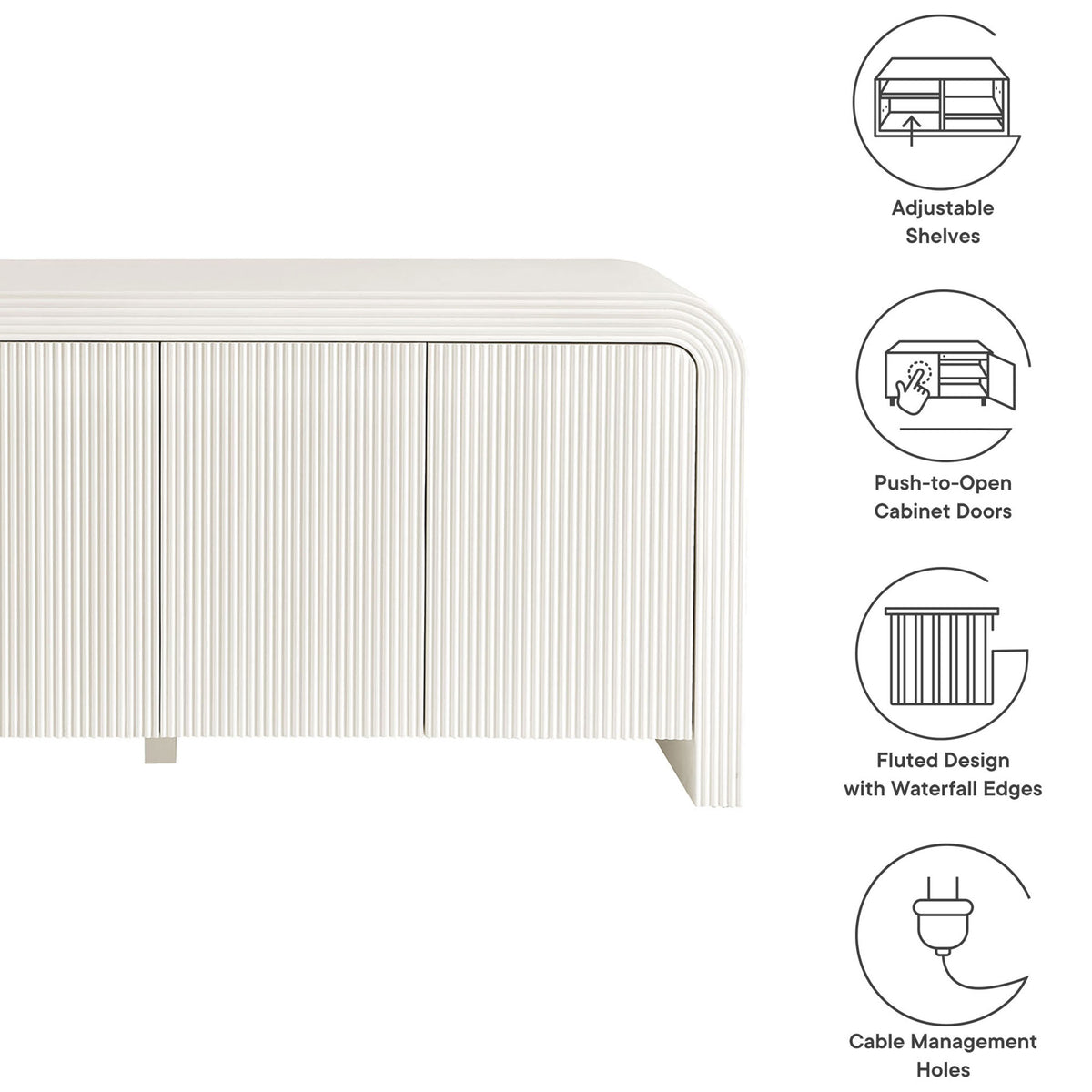 Feature graphic highlighting adjustable shelves, push-to-open doors, fluted design, and cable management holes || EEI-7198-IVO || callout_studio