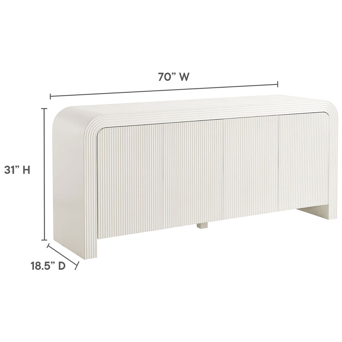 Dimension graphic showing the overall height, width, and depth of the Waterflute white fluted sideboard cabinet || EEI-7198-IVO || dimension_studio