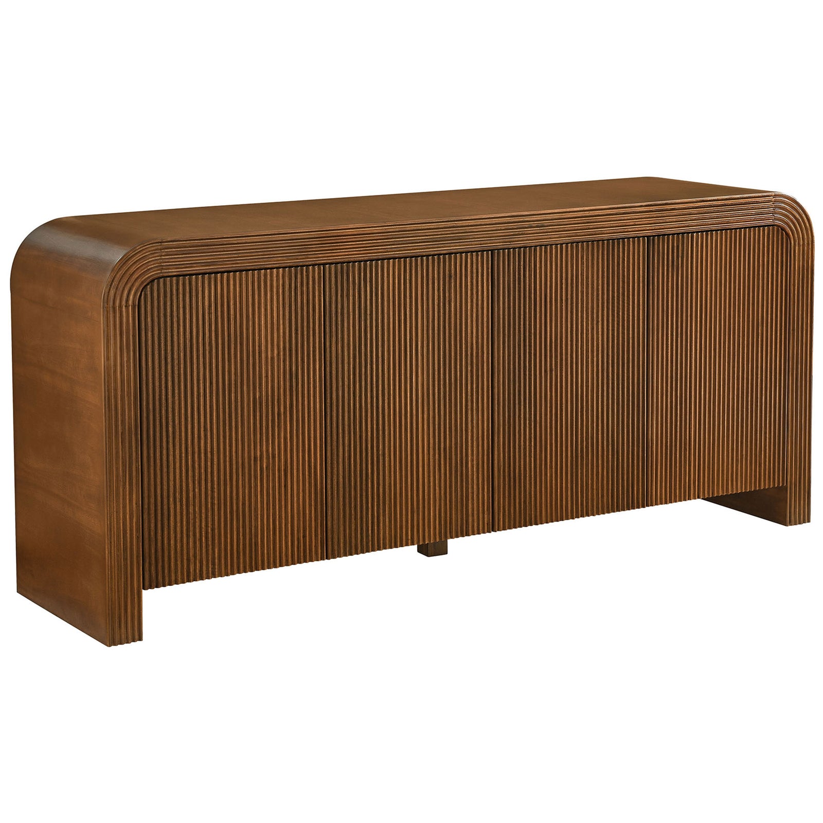 Streamlined walnut sideboard with rounded waterfall edges and vertical fluted doors for modern storage || EEI-7198-WAL || front_angle_studio