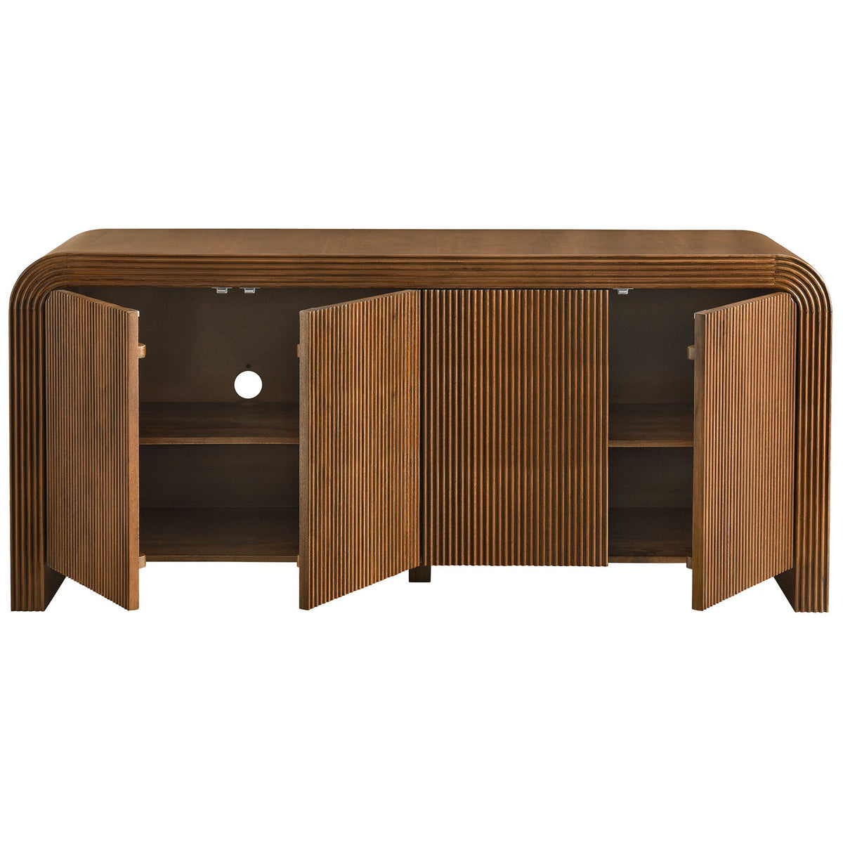 Spacious walnut cabinet with fluted doors open to reveal adjustable shelving and cable management port || EEI-7198-WAL || front_open_studio