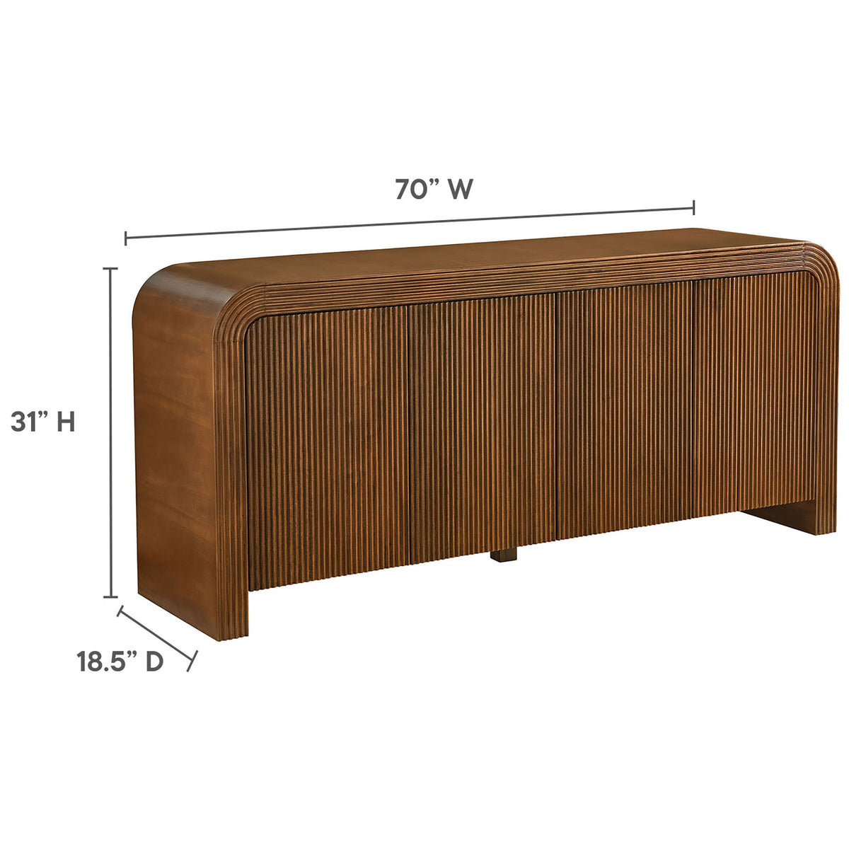 Dimension diagram showing the Waterflute sideboard at 70 inches wide, 18.5 inches deep, and 31 inches high || EEI-7198-WAL || dimension_studio